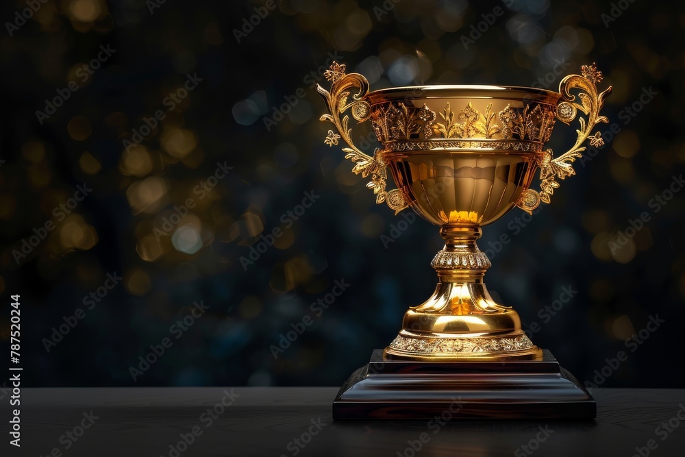 An amber glass trophy is displayed on a sleek black table, exuding elegance and prestige. The metallic accents of the trophy catch the light beautifully An amber glass trophy is displayed on a sleek black table, exuding elegance and prestige. The metallic accents of the trophy catch the light beautifully