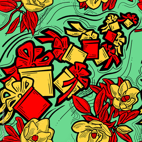 Gift box, ribbon and flowers seamless pattern for wrapping present with bow, party celebration, sale promotion, Textile print, fabric design, banner background. Hand drawn illustration cartoon style.