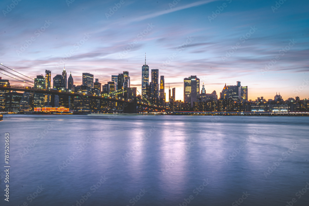 A night view of the Manhattan skyline in New York City. 