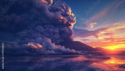 Tranquil Dawn Over an Active Volcano, with First Light Reflecting on Smoke and Ash Plumes
