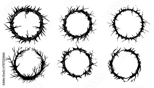 Thorn round frame set, vector gothic tattoo circle border black and white illustration. Vintage element decorative celtic and tribal. Indian mandala and ottoman shape curly and abstract