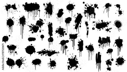 Spray graffiti element set vector illustration. Paint abstract ink and brush element messy. Dirty texture and splash textured collection blob isolated white. Black and white