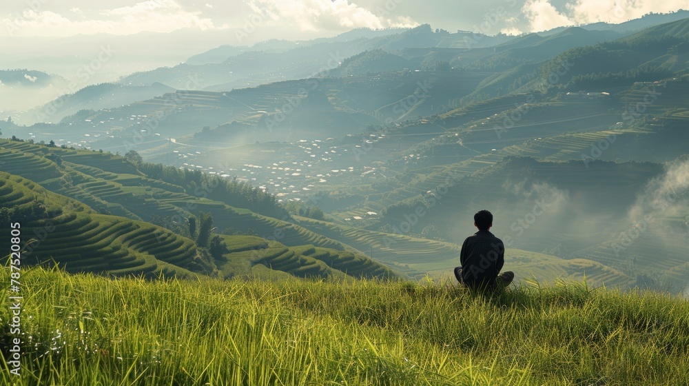 A lone figure sits atop a grassy hill gaze turned away from the camera taking in the beauty of the village below. . .