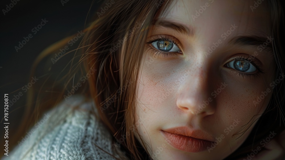 A close-up image of a mystical woman with striking blue eyes, And Incredibly Beautiful Healthy Hair, and Skin. pout lips. Face of a beautiful caucasian woman A close-up image of a mystical woman with striking blue eyes, And Incredibly Beautiful Healthy Hair, and Skin. pout lips. Face of a beautiful caucasian woman