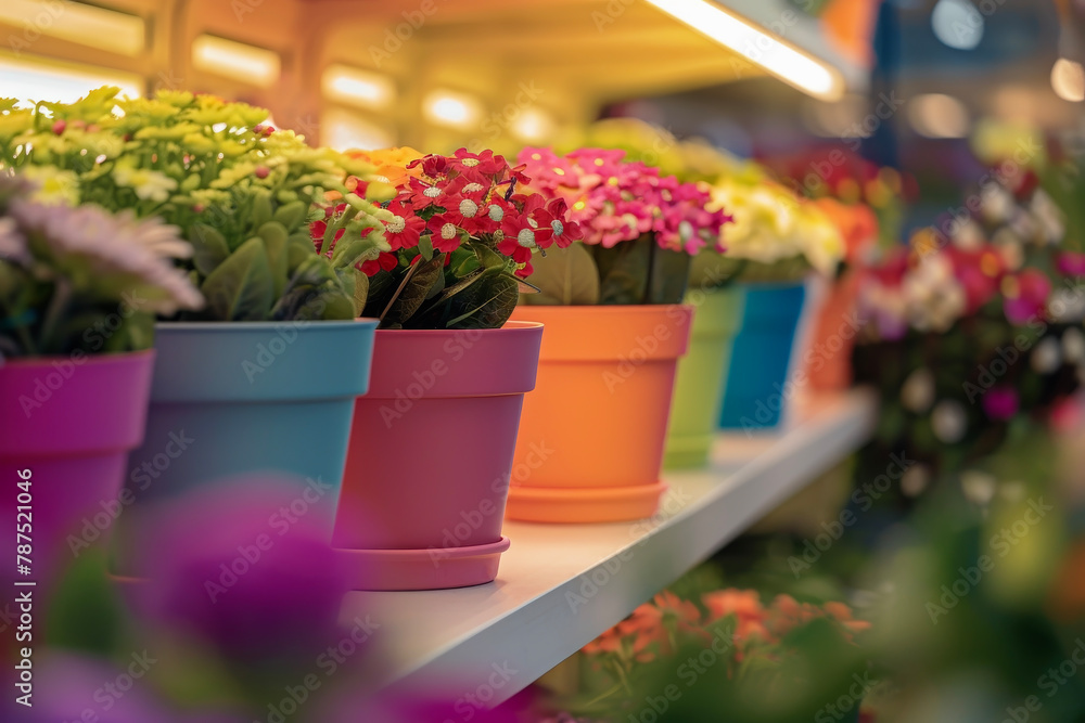 Colorful Flower Pots Displayed on a Florist's Shelf, Bringing a Breath of Nature to Urban Life, with Soft Side Lighting Emphasizing the Vivid Colors of the Pots