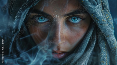 Samyaza Depths of emotion captured in a portrait of woman with dreamy eyes and hands, conveying a sense of introspection, longing, and quiet contemplation. sparkle with the wisdom of the cosmos photo