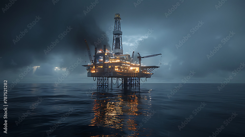 Offshore Oil Rig: The central focus of the image is an offshore oil rig. It stands tall in the middle of the sea, with multiple levels, platforms, and a prominent derrick