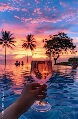Person Holding Glass of Wine by Swimming Pool
