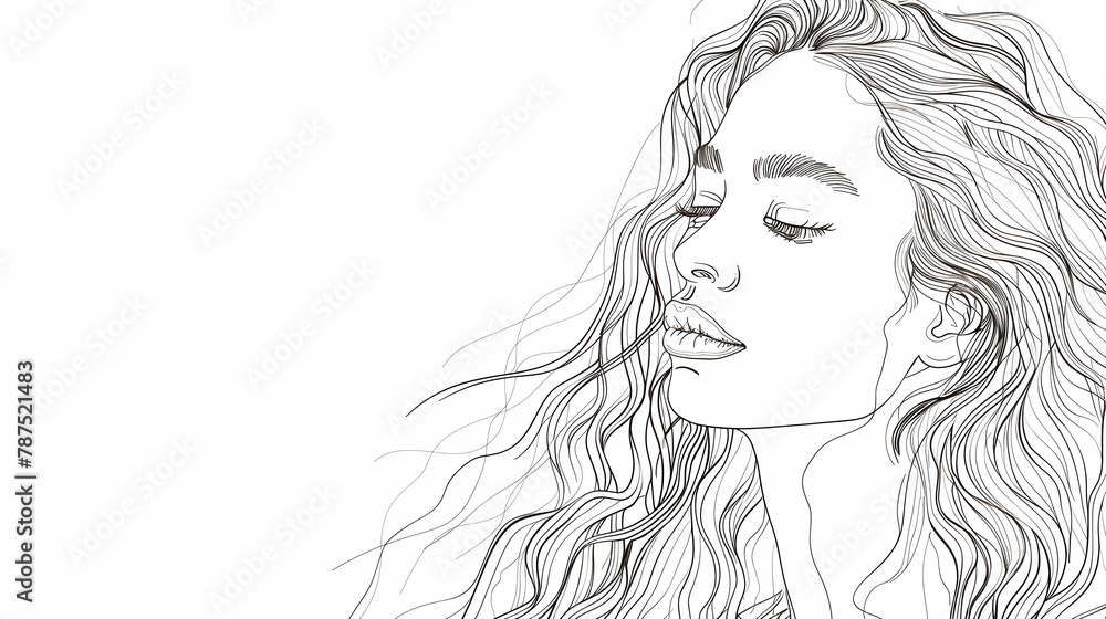 Fototapeta premium Design a minimalist portrait of a young woman with long curly hair and a serene expression, using only simple black lines and geometric shapes