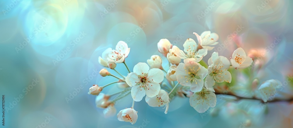 The blossoms of a lovely Bradford pear tree stand out in front of a softly blurred blue backdrop during the beautiful spring season.