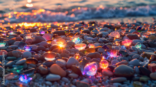 twilight sparkle on sea glass stones scattered along the seaside at dusk