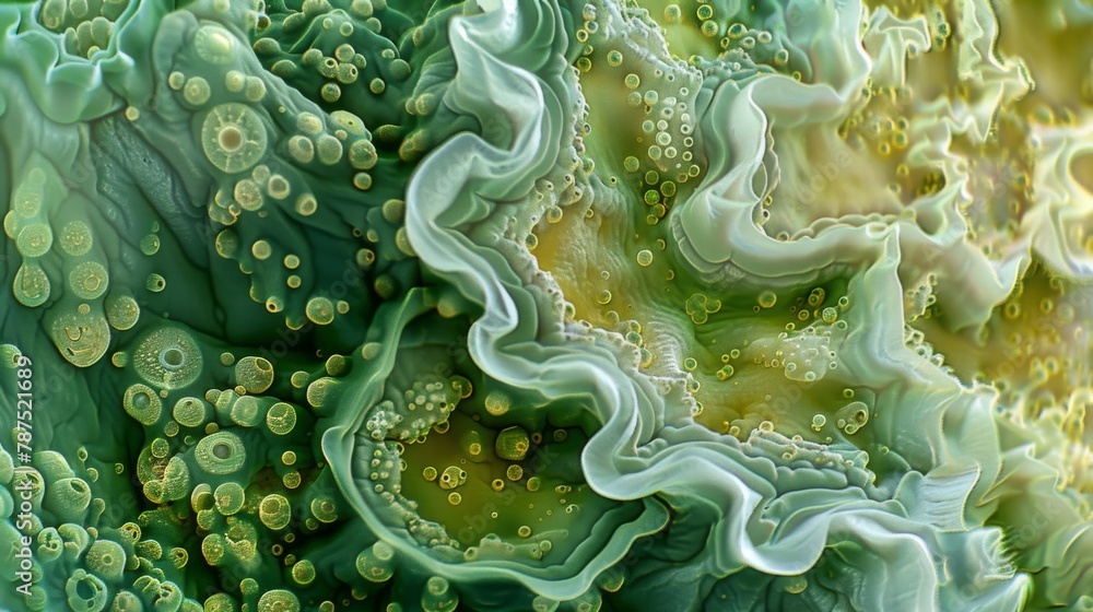 A microscopic view of an algal bloom formation resembling a beautifully textured flower with multiple layers of intricate shapes and A microscopic view of an algal bloom formation resembling a beautifully textured flower with multiple layers of intricate shapes and