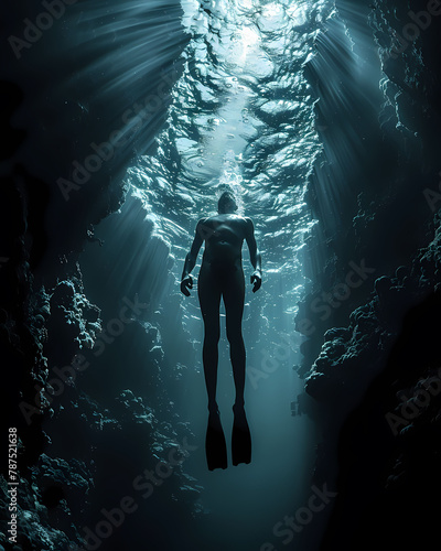 Vibrant Artful Depiction of Extreme Sport Free Diving with Underwater Swimmer