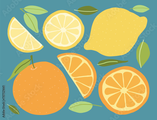 Colorful citrus fruit and leaf illustrations on blue, featuring whole and sliced oranges and lemons in a clean, flat design.