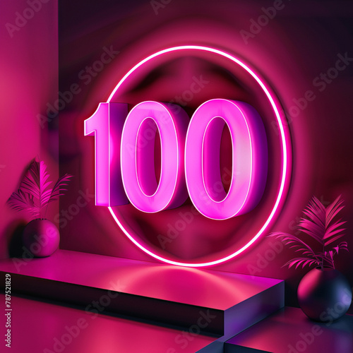 Neon pink color 3d glowing number 100 in the circle on the studio or house wall. Decoration, space, indoor, studio, work at home, room design.