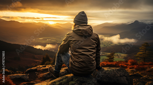 Solitary Hiker Enjoying a Majestic Mountain Sunrise.Generative ai.