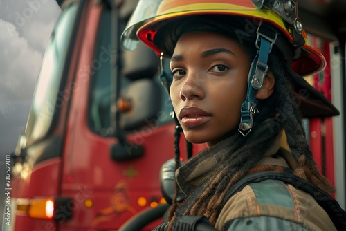 Portrait of a young firefighter girl. 