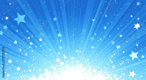 Bright light explosion with stars and rays on a blue background. A shining light with star patterns radiating out from the center.