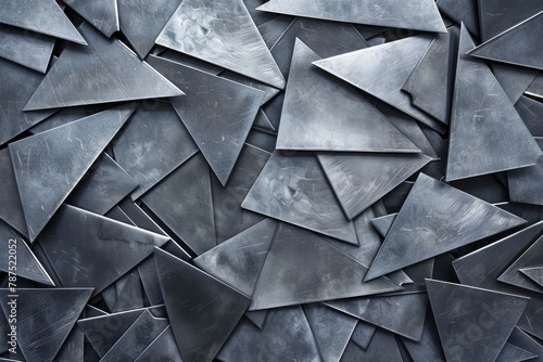 Metal background made of cut triangles. Top view, flat design. Metal industry background. 