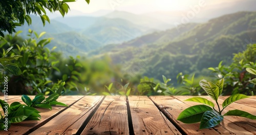 Wooden Table Overlooking Majestic Mountain Range