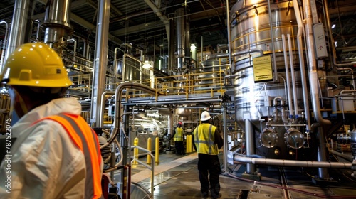 A group of workers in protective gear operating large machinery at a biofuel processing plant. Tubes and tanks can be seen connecting the equipment while a sign reminds employees to .