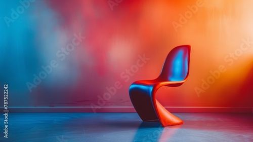 A chair in a room with colorful walls and floor, AI