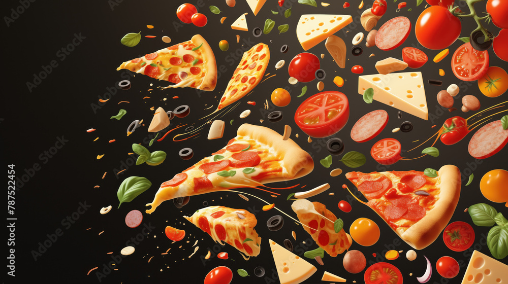 Pieces of pizza and ingredients floating on a dark background.  Appetizing pizza in flight with tomatoes, ham and cheese.