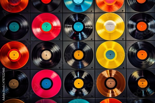Background with records. Colorful music studio wall with records. Retro music background. 