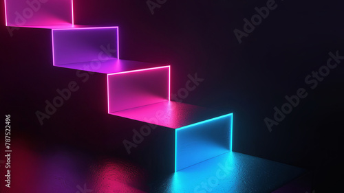 Abstract background with cubes ang glowing stairs. eon Colorful neon lights in a dark.  