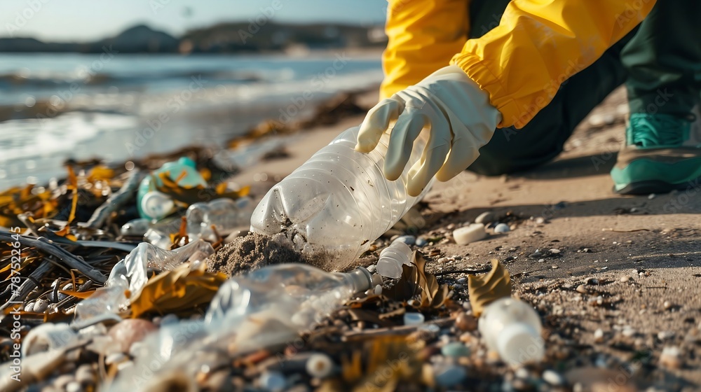 Obraz premium a person cleaning up the shoreline