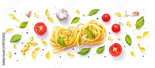 Flat layout on a white background. Classic Italian pasta, fettuccine, carbonara.