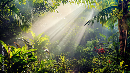 A lush, tropical jungle with a bright sun shining through the trees.