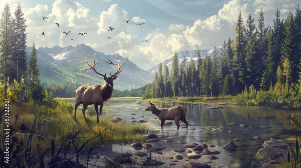 Fototapeta premium Two Deer by Stream Painting