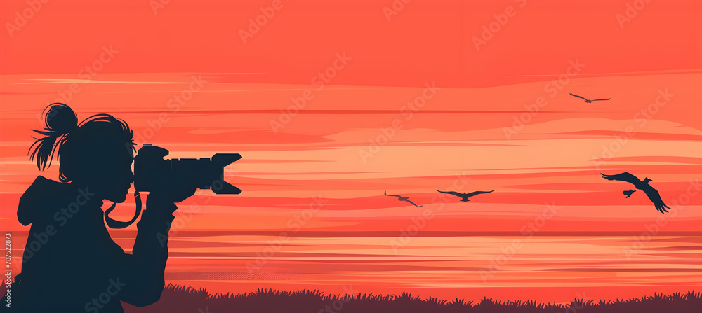 Fototapeta premium Illustrate a minimalist depiction of a landscape photographer, capturing their artistic eye and love for natural scenery with camera shapes and horizon lines
