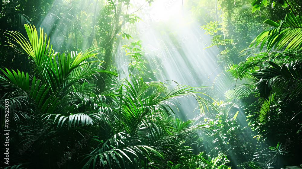 A lush, tropical jungle with a bright sun shining through the trees.
