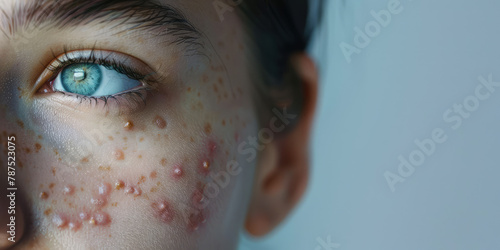 Acne pimples on the female face. Close-up of a woman face with problem skin, blackheads and allergic rash, clogged pores. photo