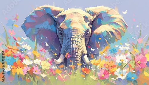 A vibrant painting of an elephant surrounded by blooming flowers and shimmering petals