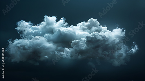Cumulus cloud drifts in electric blue sky over dark landscape