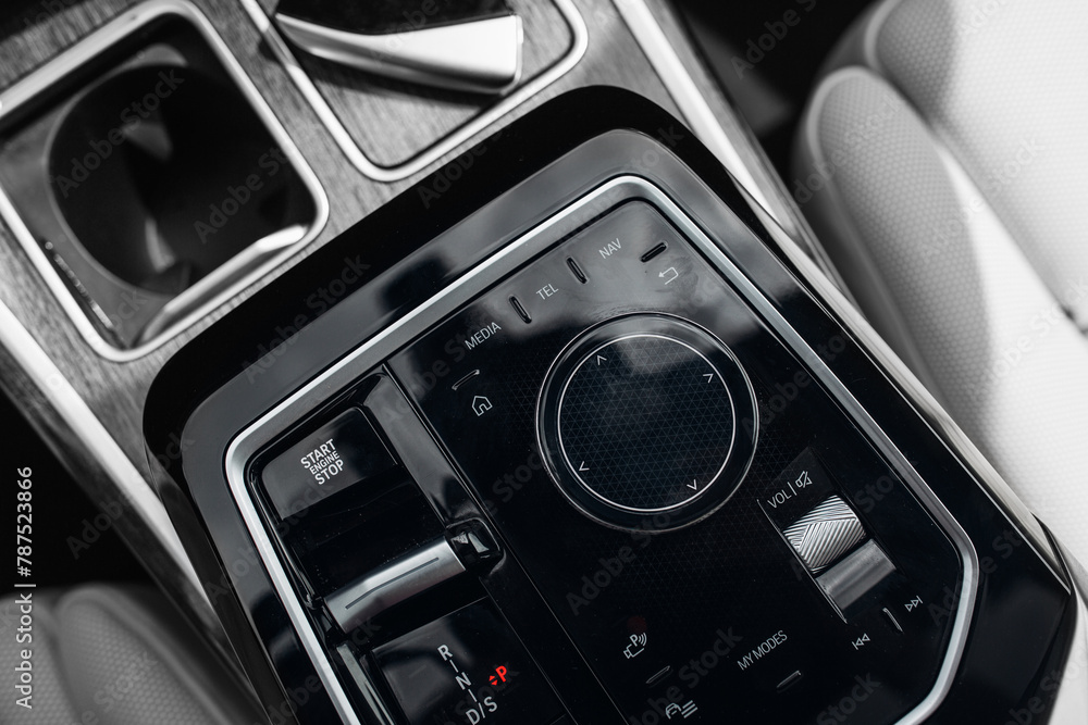 Modern and expensive car interior and gearbox shift handle Modern and expensive car interior and gearbox shift handle