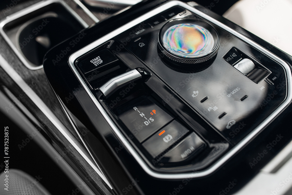 Fototapeta premium Modern and expensive car interior and gearbox shift handle