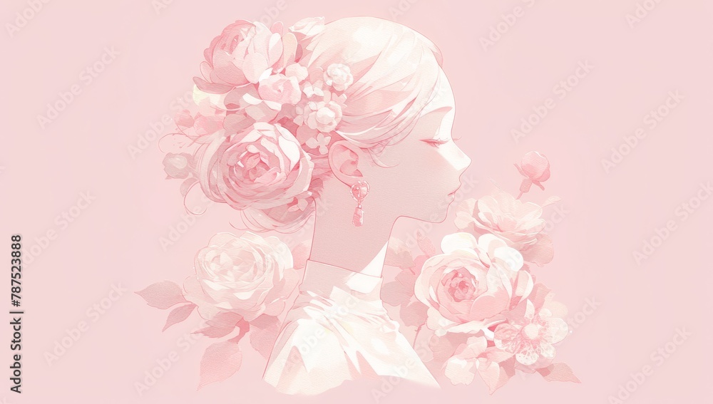 A paper cut silhouette of a woman's head with flowers in pastel colors against a pink background