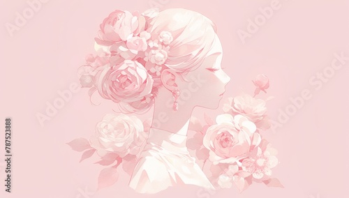 A paper cut silhouette of a woman's head with flowers in pastel colors against a pink background © Photo And Art Panda