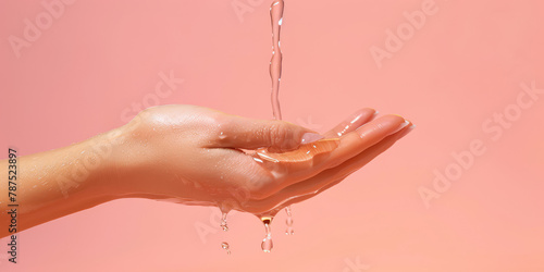 Thick clear gel pours into a woman's hand on a colored background with copy space. Cosmetic moisturizing gel, banner template. photo
