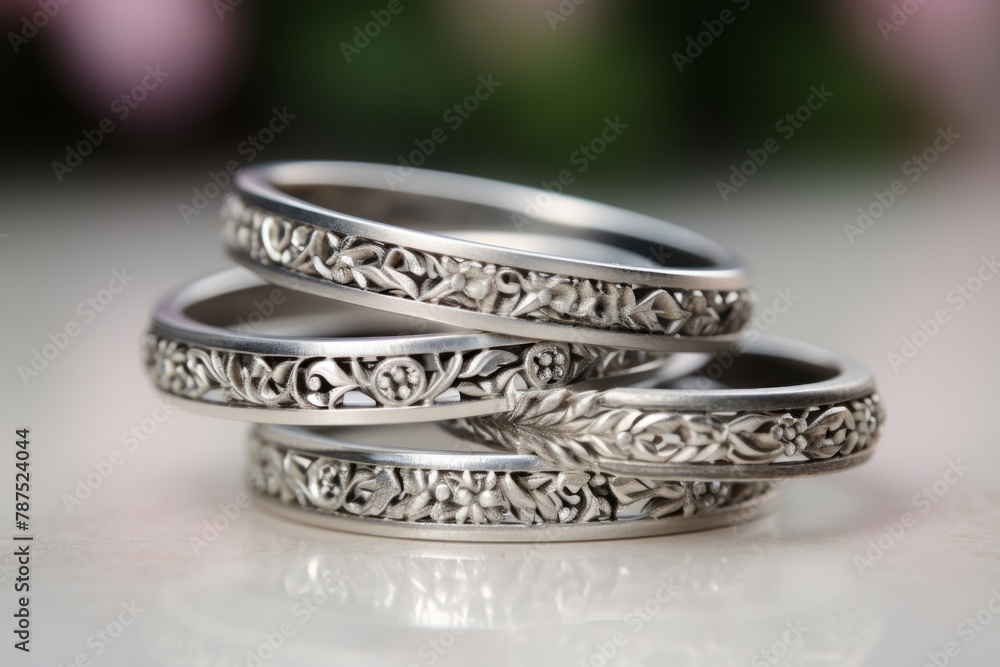 Three sterling silver wedding rings are neatly arranged on a wooden table surface. The rings feature intricate designs and are stackable, reflecting elegance and simplicity Three sterling silver wedding rings are neatly arranged on a wooden table surface. The rings feature intricate designs and are stackable, reflecting elegance and simplicity