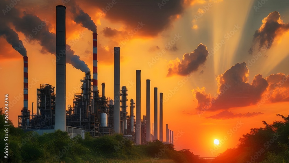 Landscape of a factory polluting environment in sunset 