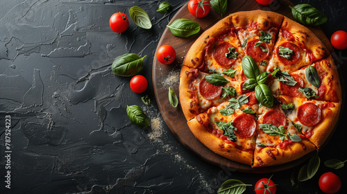Traditional pizza on a wooden base, decorated with tomatoes and herbs on a dark black background. Top view.