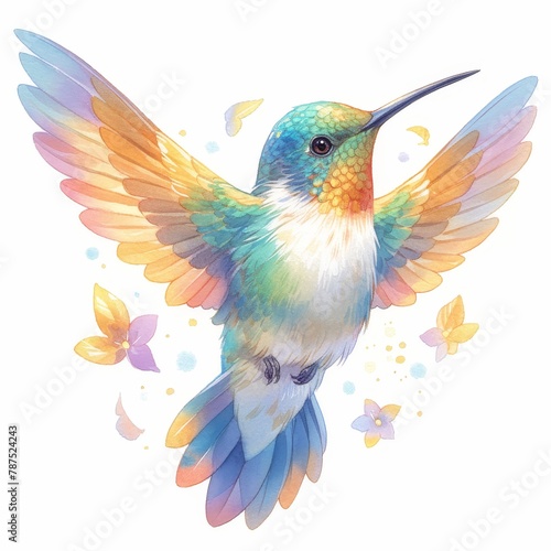 A pastel colored hummingbird with spread wings, flying in the air, illustration. 