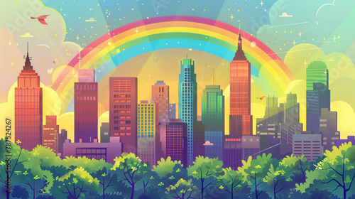 Rainbow in a city vector abstract composition