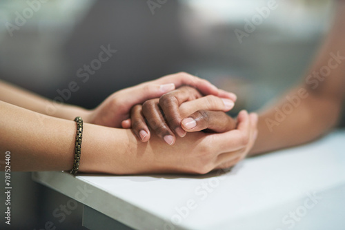 Obraz na plátně Sad, support and people holding hands, counseling and therapy for grief, trauma and compassion with loss