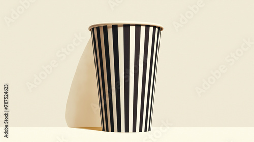 Black and white popcorn cup with vertical stripes on a light background.